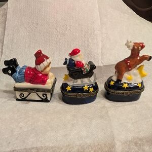 3  Christmas Hinged Trinket Boxes. Santa, Sledding, Rudolph Reindeer